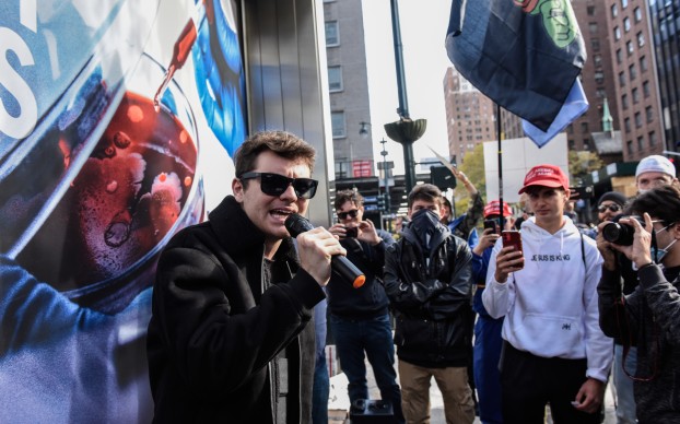 Nick Fuentes speaks in protest